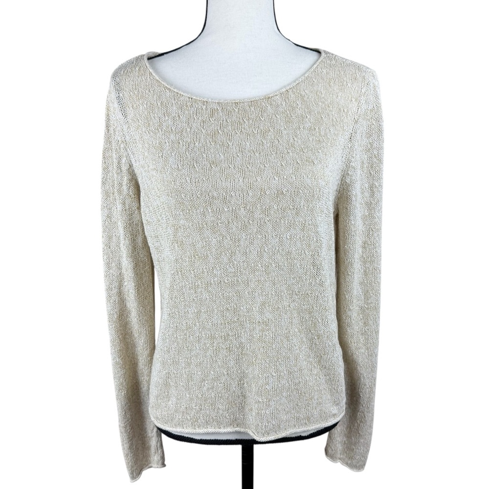 Eileen Fisher Cream Khaki 100% Linen Textured Knit Sweater Size Large